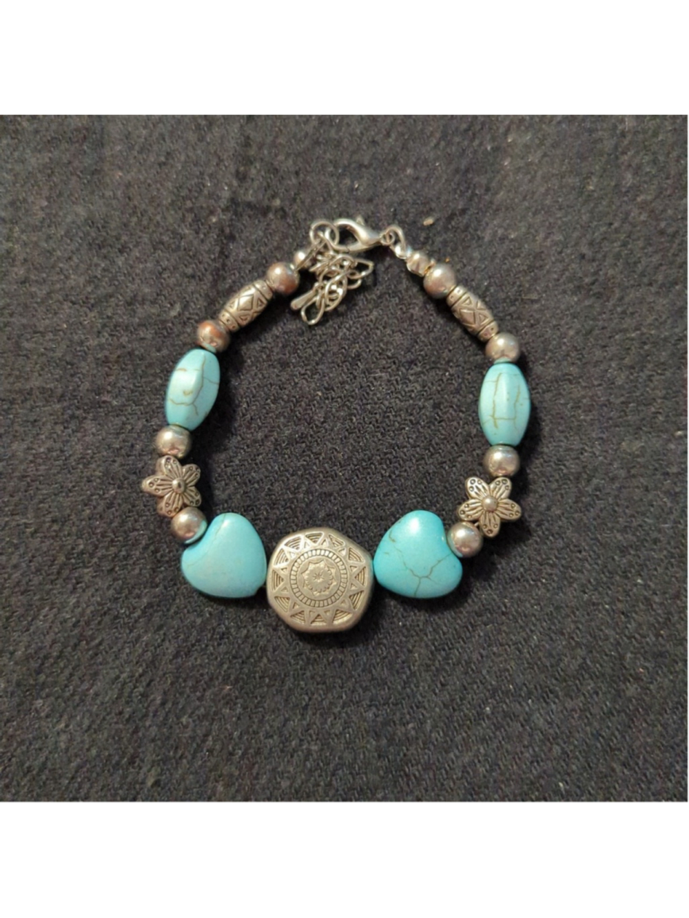 Silver Tone Blue Faux Turquoise Sun Flower Charm Statement Bracelet